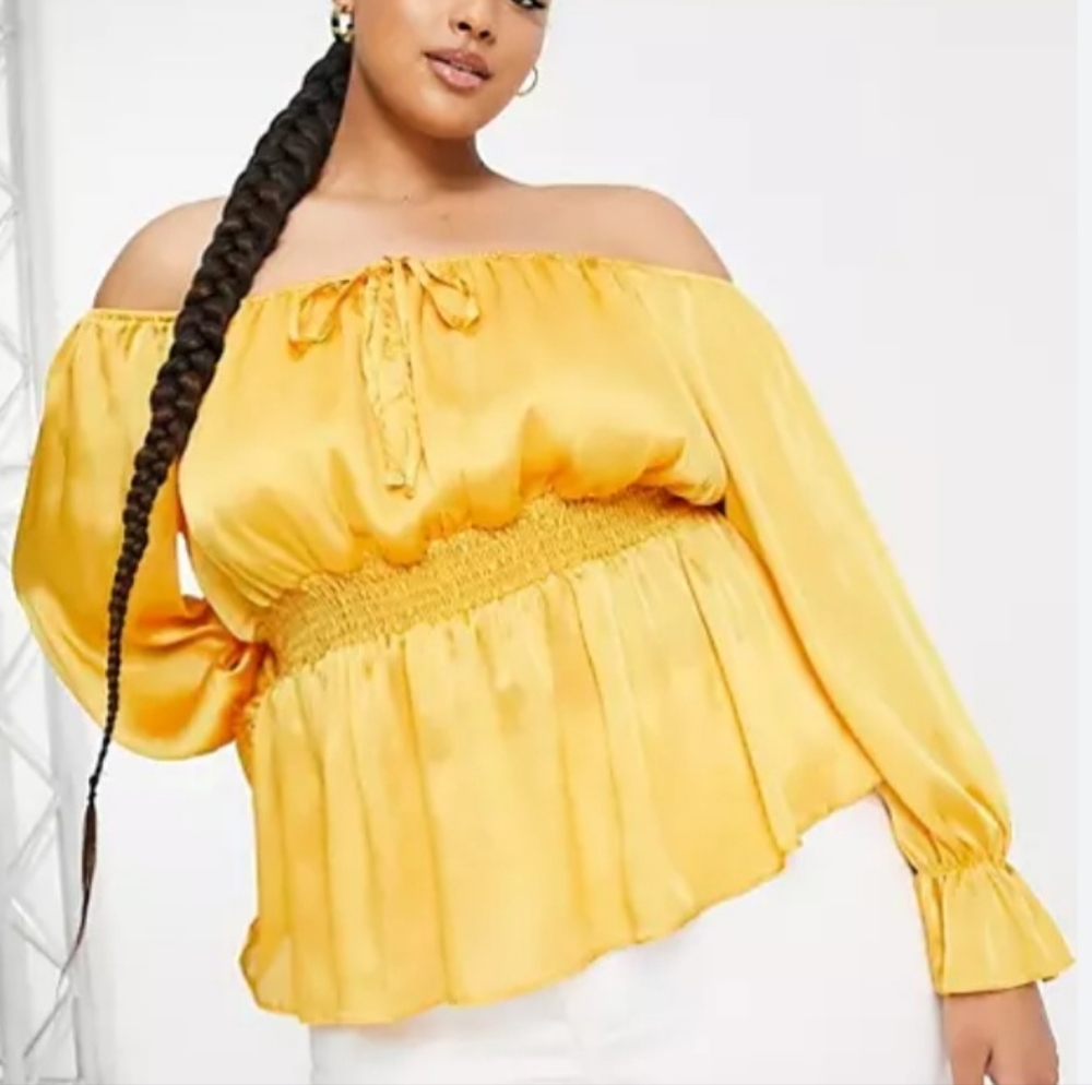 River Island Satin Shirred Waist Bardot Blouse